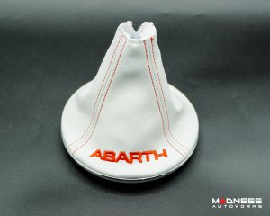 FIAT 500 Gear Shift Boot + Retaining Ring Set- White EcoLeather w/ Red Stitching + ABARTH Logo